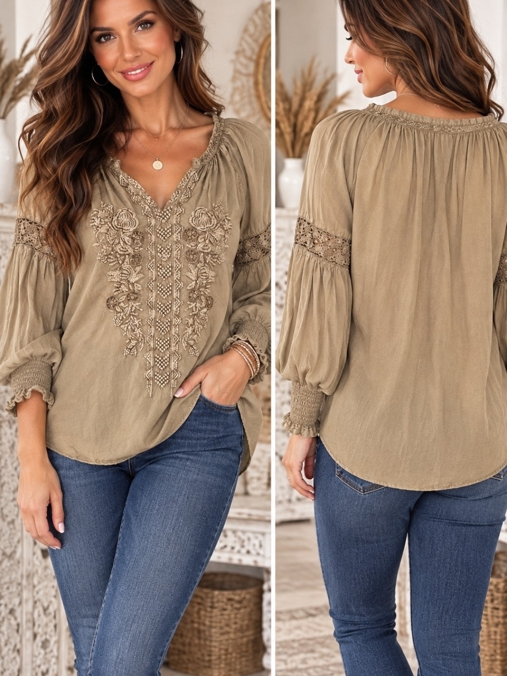 Solitaire Embroidered Boho Peasant Blouse Tan Cotton Gauze Balloon Sleeve Medium